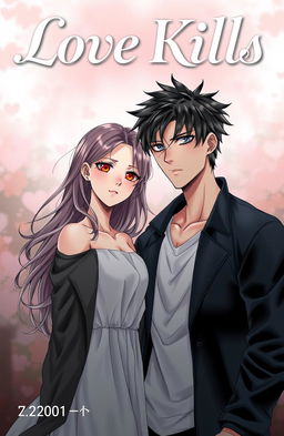 Professional manga cover for ‘Love Kills,’ featuring the male and female leads standing side by side, close but not touching