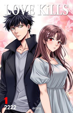 Professional manga cover for ‘Love Kills,’ featuring the male and female leads standing side by side, close but not touching