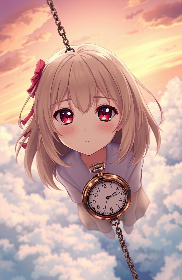 A stunning anime girl with beige hair and striking red eyes, suspended in a dreamy sky filled with soft clouds