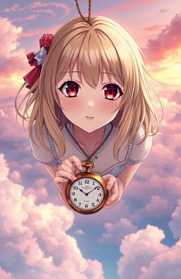 A stunning anime girl with beige hair and striking red eyes, suspended in a dreamy sky filled with soft clouds
