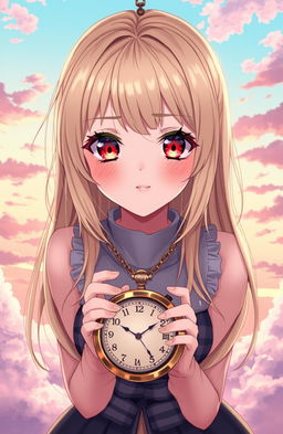 A stunning anime girl with beige hair and striking red eyes, suspended in a dreamy sky filled with soft clouds