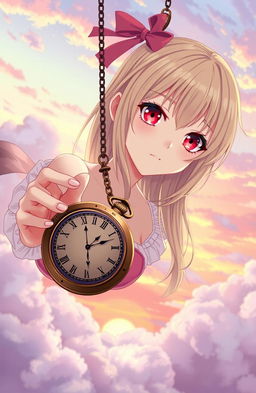 A stunning anime girl with beige hair and striking red eyes, suspended in a dreamy sky filled with soft clouds