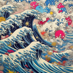 A breathtaking Murakami print of a rough sea, capturing the power and beauty of the waves with bright, superflat art elements that are signature to Murakami's style.