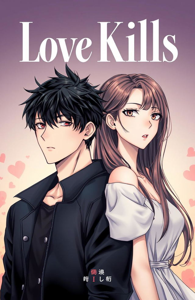 Professional detailed manhwa cover for 'Love Kills', featuring male and female leads standing side by side, close but not touching