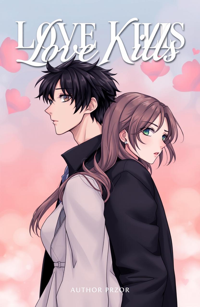 Professional detailed manhwa cover for 'Love Kills', featuring male and female leads standing side by side, close but not touching