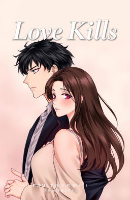 Professional detailed manhwa cover for 'Love Kills', featuring male and female leads standing side by side, close but not touching