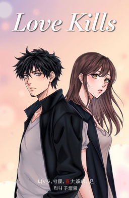 Professional detailed manhwa cover for 'Love Kills', featuring male and female leads standing side by side, close but not touching