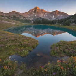 An idyllic mountainscape bathed in sunrise's warm hues, with a crystal clear lake mirroring the sharp peaks and a blanket of wildflowers adding splashes of vibrant colors.