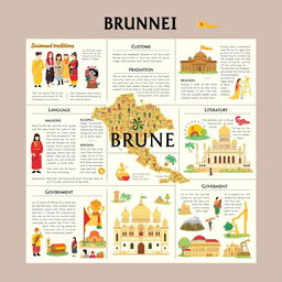 A detailed A4 layout that explores the key elements of Brunei's social organization, customs and traditions, language, art and literature, religion, government, and economic culture