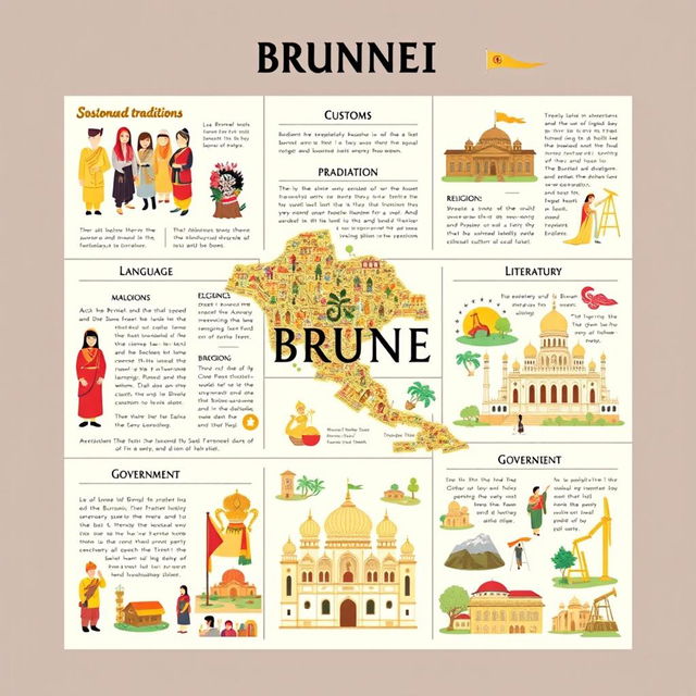 A detailed A4 layout that explores the key elements of Brunei's social organization, customs and traditions, language, art and literature, religion, government, and economic culture