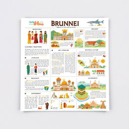 A detailed A4 layout that explores the key elements of Brunei's social organization, customs and traditions, language, art and literature, religion, government, and economic culture