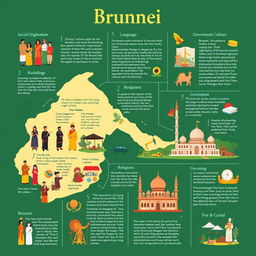 A detailed A4 layout that explores the key elements of Brunei's social organization, customs and traditions, language, art and literature, religion, government, and economic culture