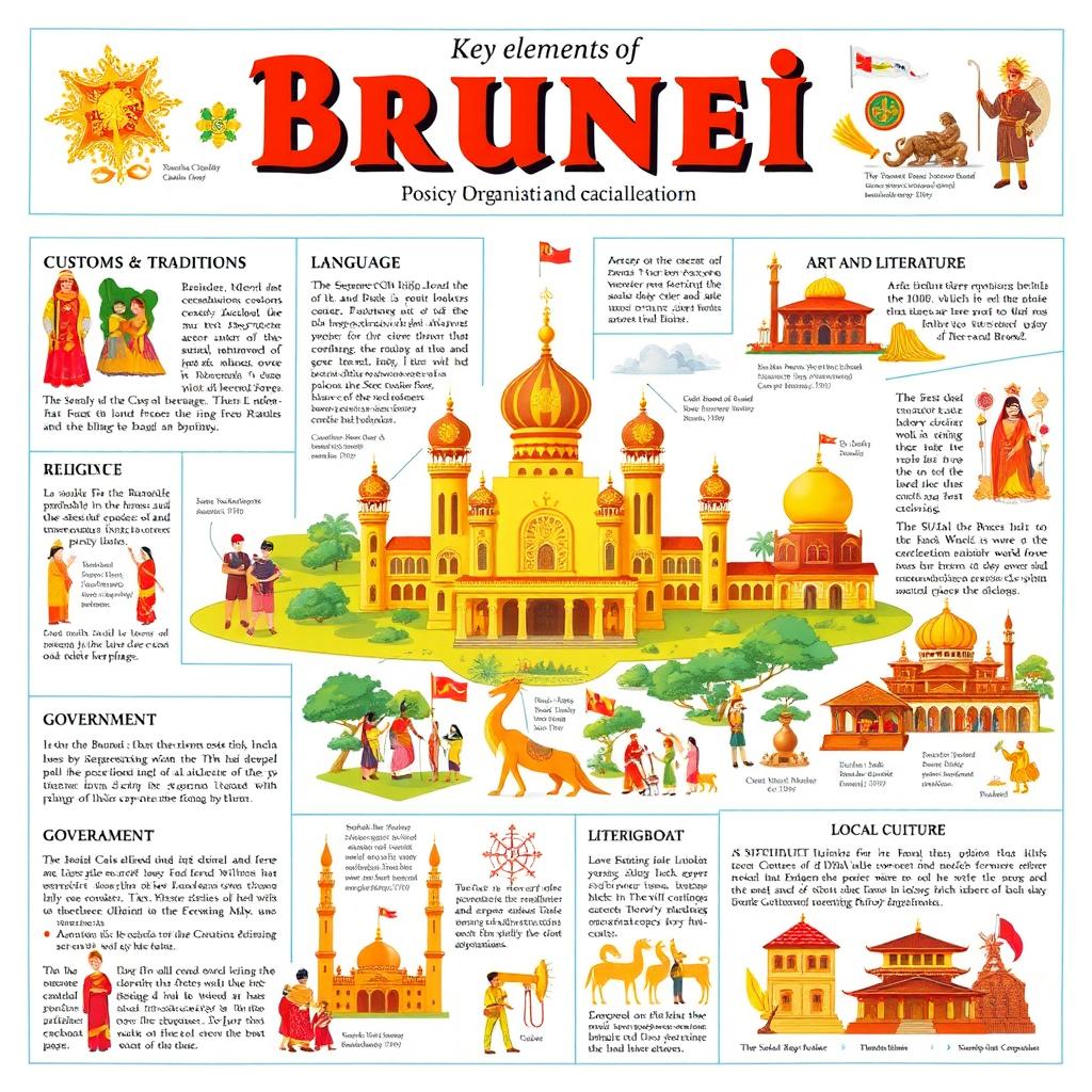 A detailed A4 layout that explores the key elements of Brunei's social organization, customs and traditions, language, art and literature, religion, government, and economic culture