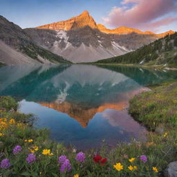 An idyllic mountainscape bathed in sunrise's warm hues, with a crystal clear lake mirroring the sharp peaks and a blanket of wildflowers adding splashes of vibrant colors.