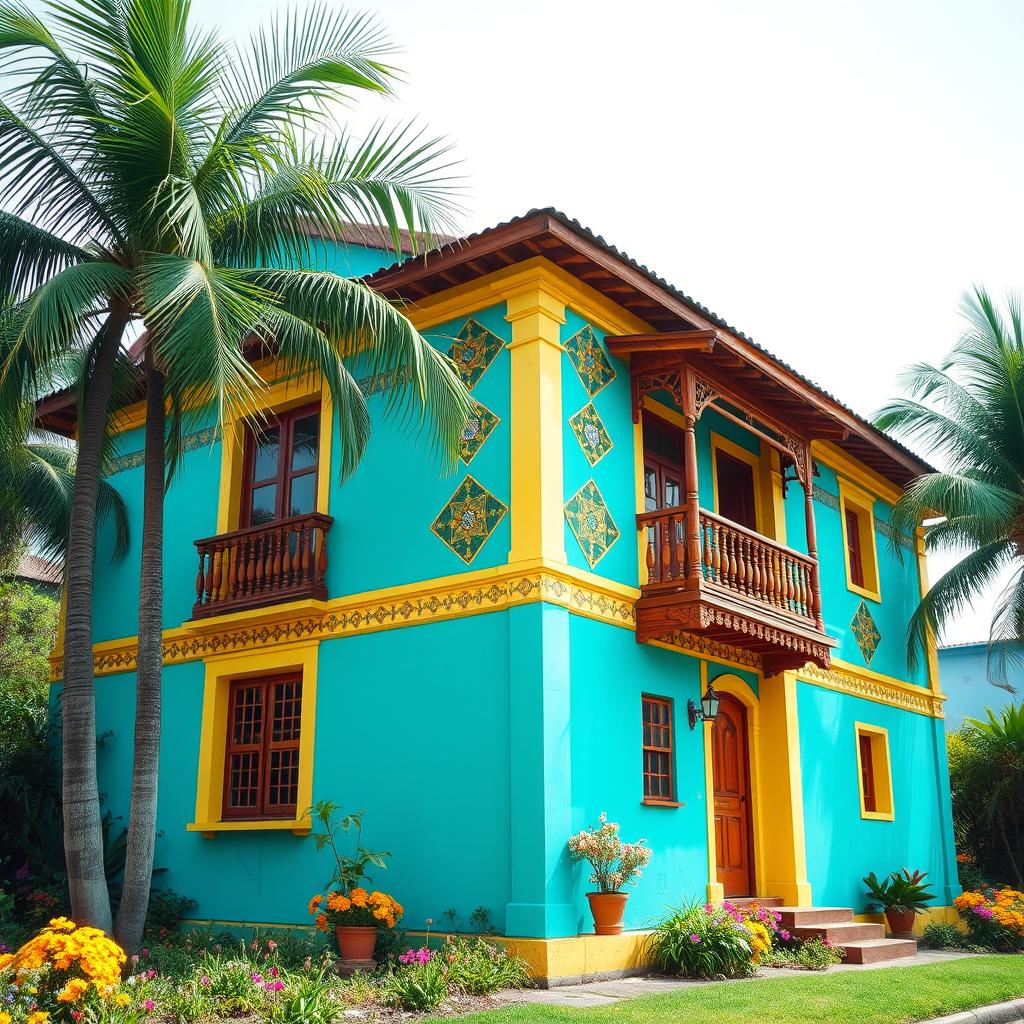 A vibrant and edgy image of an old house in Brazil, showcasing its unique architectural features that reflect the country's rich cultural heritage