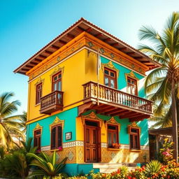 A vibrant and edgy image of an old house in Brazil, showcasing its unique architectural features that reflect the country's rich cultural heritage