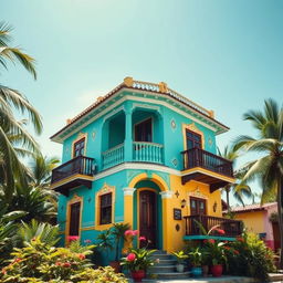 A vibrant and edgy image of an old house in Brazil, showcasing its unique architectural features that reflect the country's rich cultural heritage