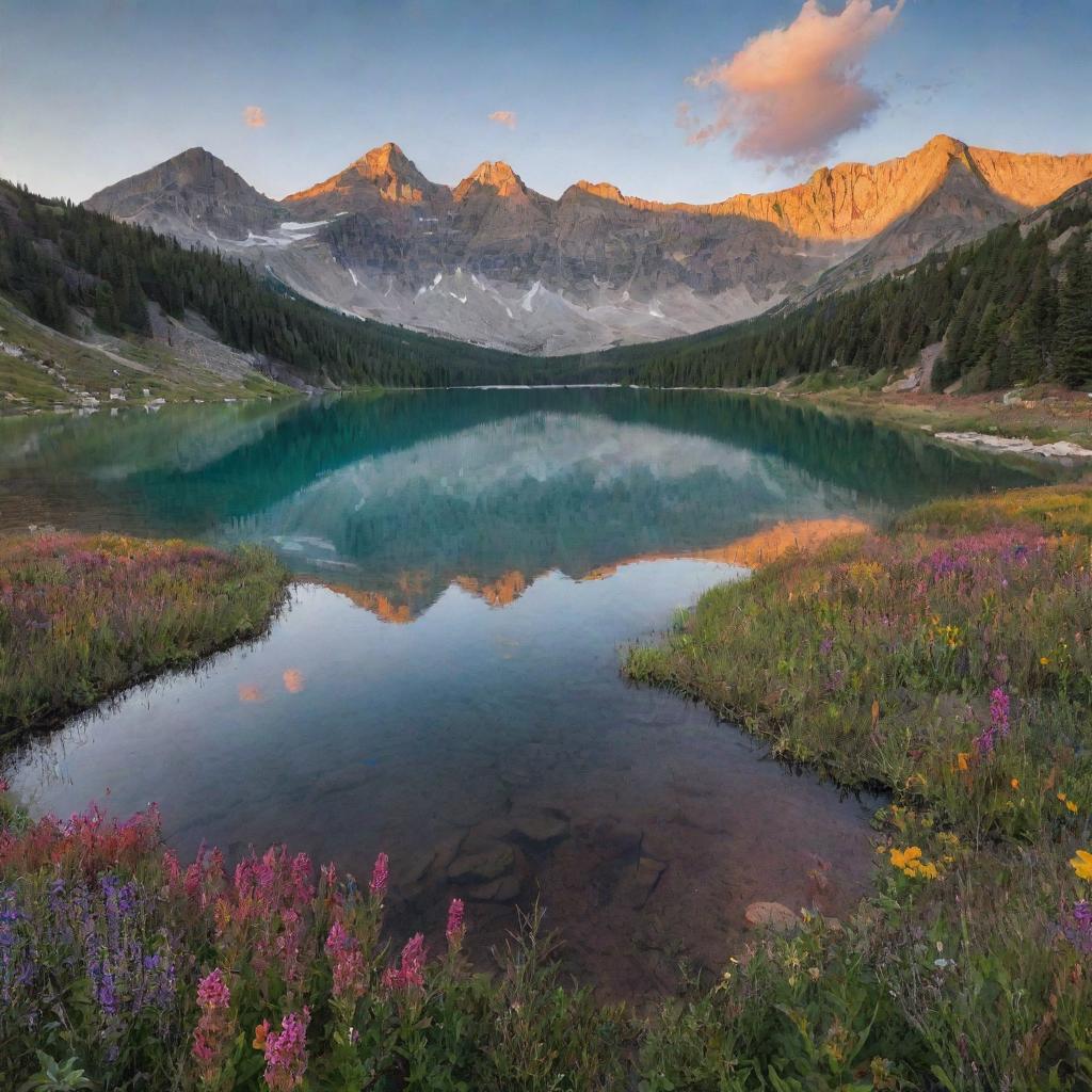 An idyllic mountainscape bathed in sunrise's warm hues, with a crystal clear lake mirroring the sharp peaks and a blanket of wildflowers adding splashes of vibrant colors.