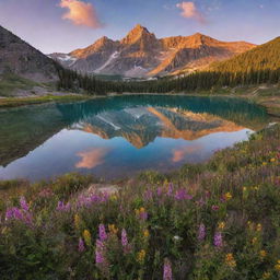 An idyllic mountainscape bathed in sunrise's warm hues, with a crystal clear lake mirroring the sharp peaks and a blanket of wildflowers adding splashes of vibrant colors.