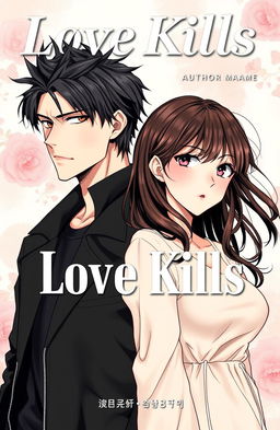 A professional, detailed manhwa cover for 'Love Kills,' depicting the male and female leads standing side by side, close but not touching