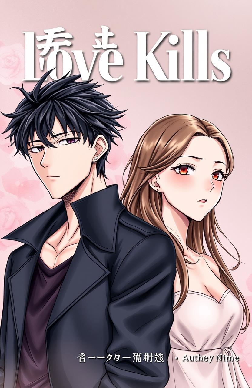 A professional, detailed manhwa cover for 'Love Kills,' depicting the male and female leads standing side by side, close but not touching