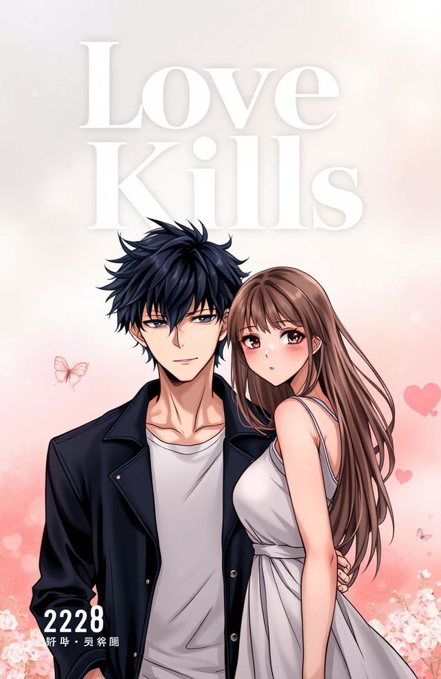 A professional, detailed manhwa cover for 'Love Kills,' depicting the male and female leads standing side by side, close but not touching