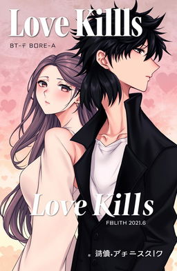 A professional, detailed manhwa cover for 'Love Kills,' depicting the male and female leads standing side by side, close but not touching