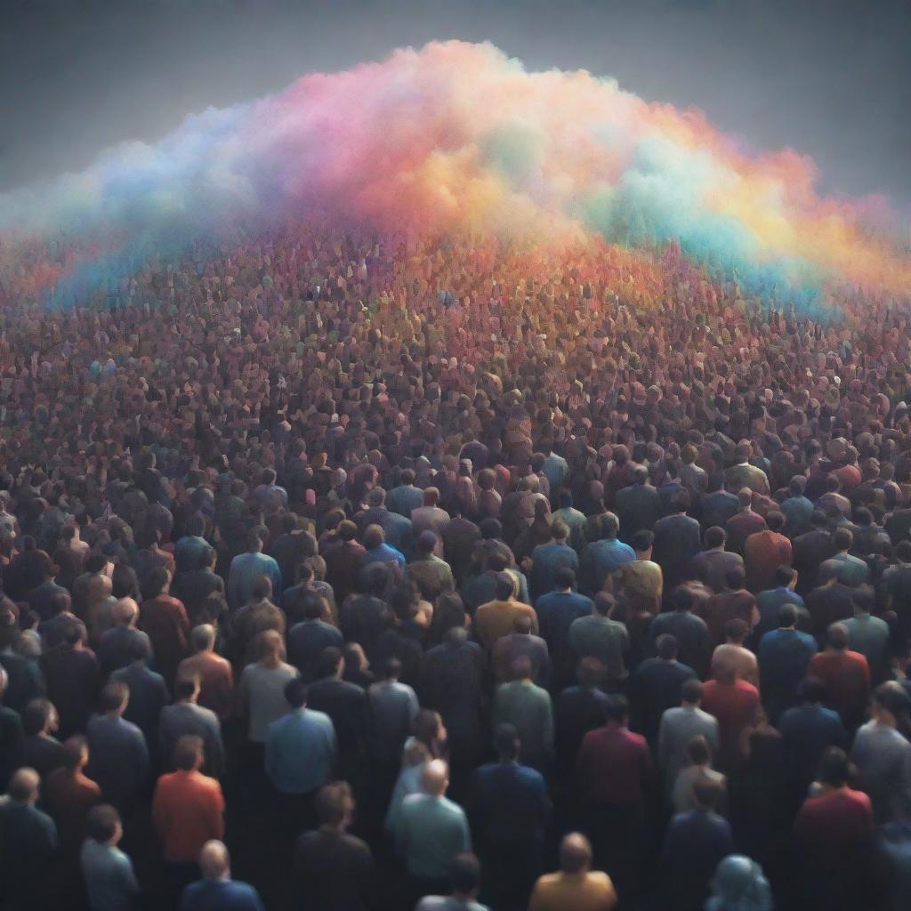 Abstract vision of a digital population, capturing individuals as multicolored pixels forming a dense cloud in a cyberspace environment.