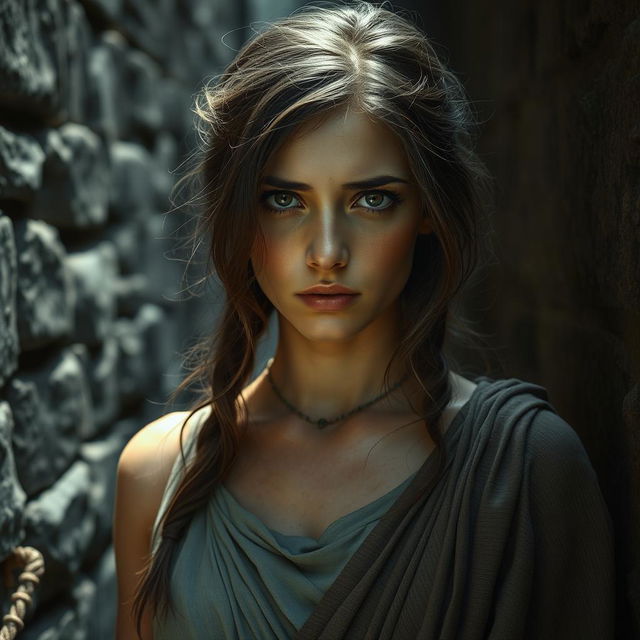 A troubled yet beautiful young woman dressed in traditional ancient Roman attire, portraying an expression of sorrow and longing