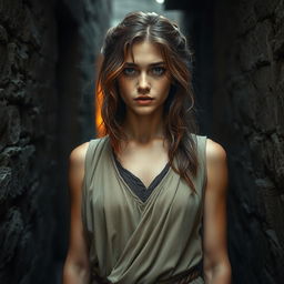 A troubled yet beautiful young woman dressed in traditional ancient Roman attire, portraying an expression of sorrow and longing