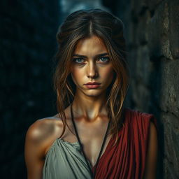 A troubled yet beautiful young woman dressed in traditional ancient Roman attire, portraying an expression of sorrow and longing