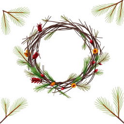 An illustration of a thin pine branch wreath featuring three distinct colors integrated into the design