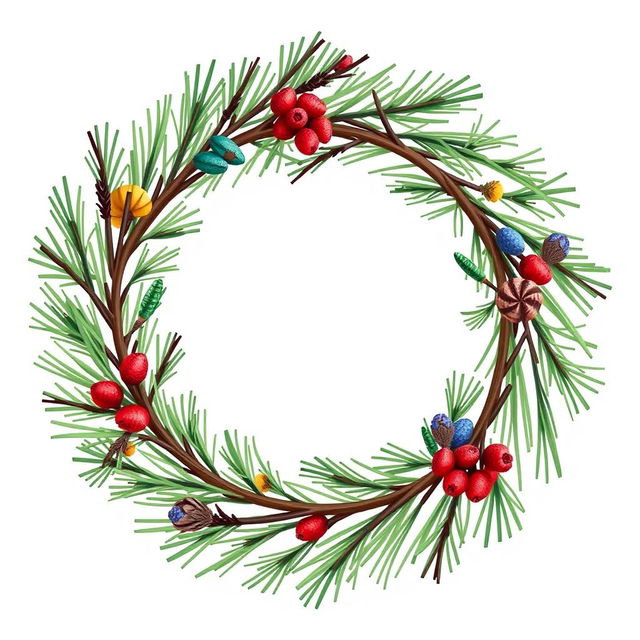 An illustration of a thin pine branch wreath featuring three distinct colors integrated into the design