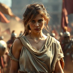 A troubled yet beautiful young woman dressed in a tattered ancient Roman tunic, standing amidst a chaotic battlefield in ancient Rome