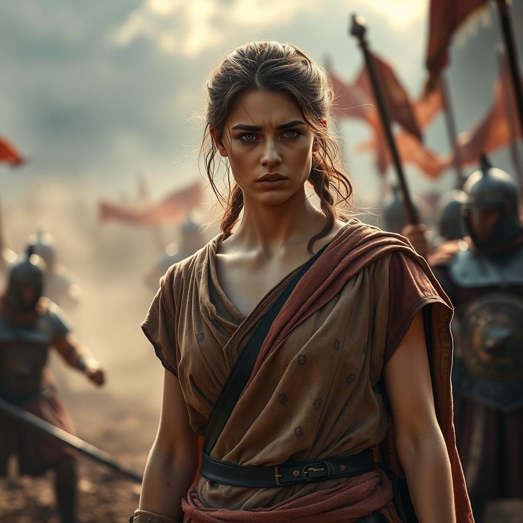 A troubled yet beautiful young woman dressed in a tattered ancient Roman tunic, standing amidst a chaotic battlefield in ancient Rome