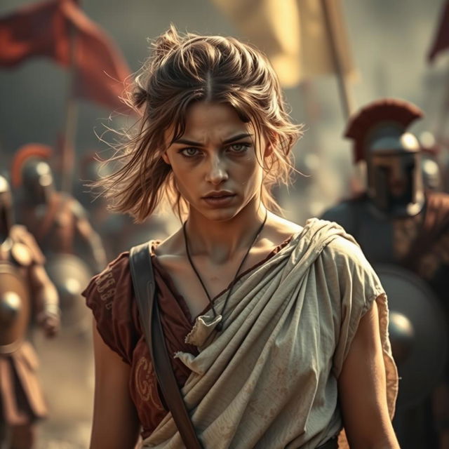 A troubled yet beautiful young woman dressed in a tattered ancient Roman tunic, standing amidst a chaotic battlefield in ancient Rome