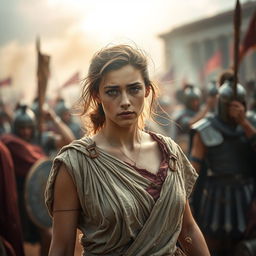 A troubled yet beautiful young woman dressed in a tattered ancient Roman tunic, standing amidst a chaotic battlefield in ancient Rome