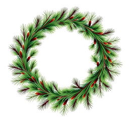 An illustration of a dense yet thin pine branch wreath featuring three distinct colors interwoven throughout the design