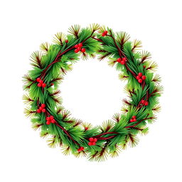 An illustration of a dense yet thin pine branch wreath featuring three distinct colors interwoven throughout the design