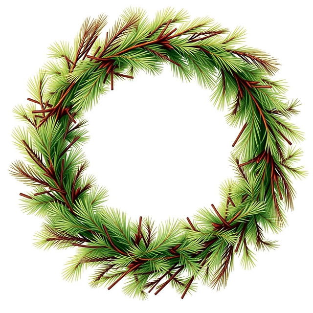 An illustration of a dense yet thin pine branch wreath featuring three distinct colors interwoven throughout the design