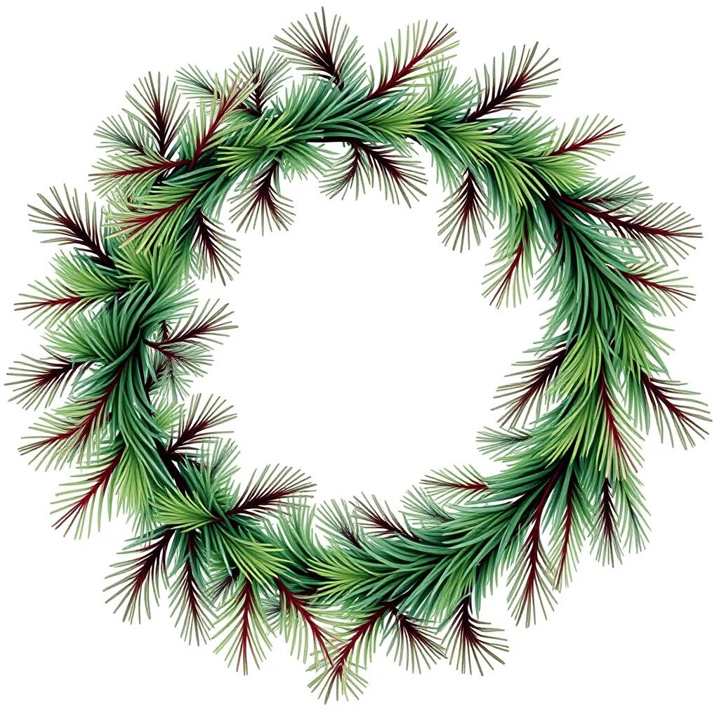 An illustration of a dense yet thin pine branch wreath featuring three distinct colors interwoven throughout the design