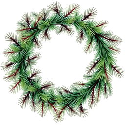 An illustration of a dense yet thin pine branch wreath featuring three distinct colors interwoven throughout the design