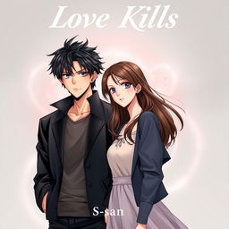 Professional manhwa cover for ‘Love Kills’, featuring the male and female leads standing side by side, positioned closely yet not touching