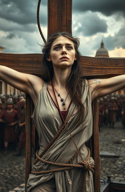 A troubled beautiful young woman dressed in tattered ancient Roman clothing, her face expressing deep sorrow and struggle