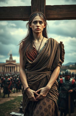 A troubled beautiful young woman dressed in tattered ancient Roman clothing, her face expressing deep sorrow and struggle
