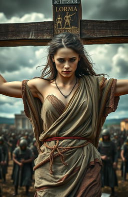 A troubled beautiful young woman dressed in tattered ancient Roman clothing, her face expressing deep sorrow and struggle