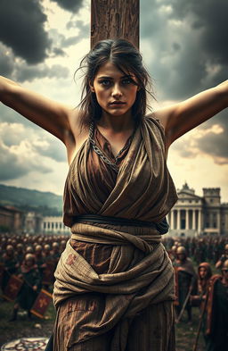 A troubled beautiful young woman dressed in tattered ancient Roman clothing, her face expressing deep sorrow and struggle