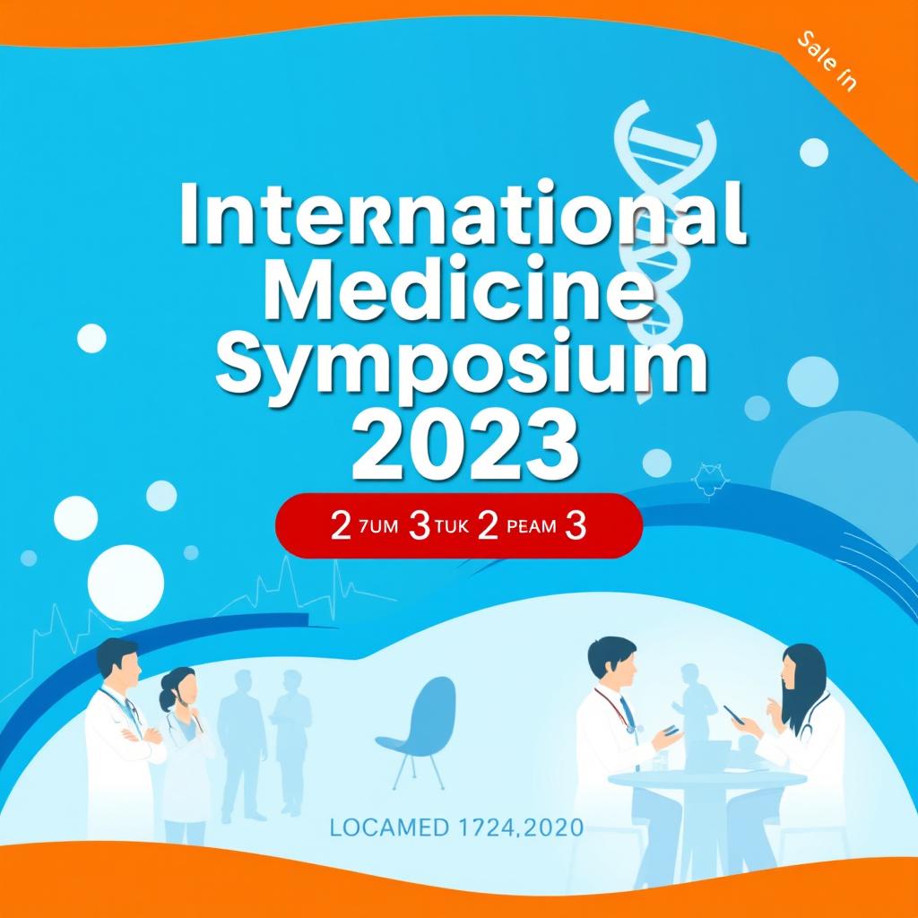 A vibrant poster design for a medical conference, featuring the title "International Medicine Symposium 2023" prominently at the top in bold, modern typography