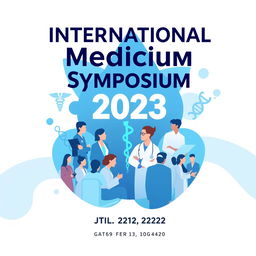 A vibrant poster design for a medical conference, featuring the title "International Medicine Symposium 2023" prominently at the top in bold, modern typography