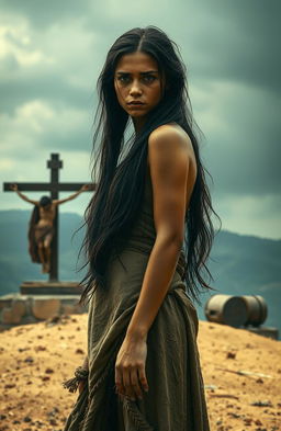 A troubled yet beautiful young female slave in ancient Rome, standing on a hill, her expression a mix of sorrow and fear as she watches a crucifixion taking place in the distance